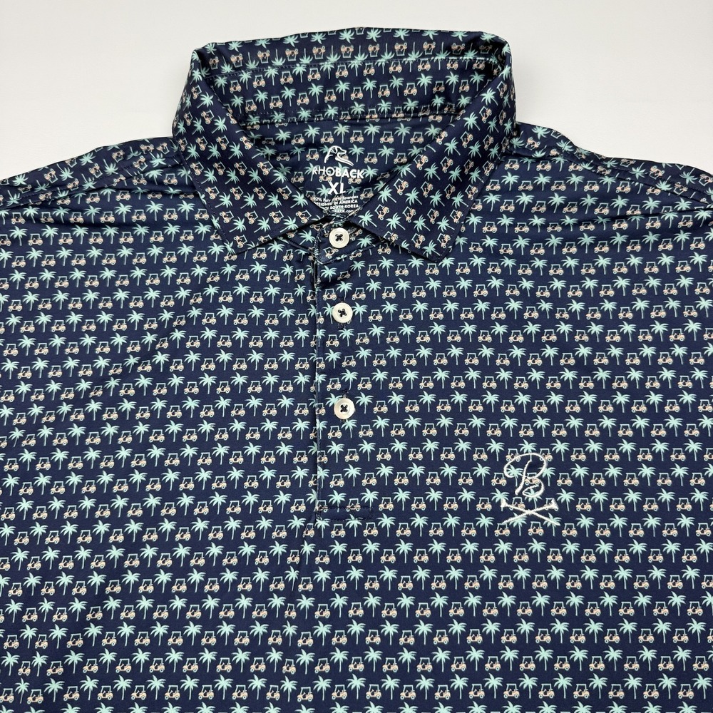 Rhoback Barstool Polo Shirt Mens XL Blue Golf Cart Palm Tree Print